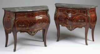 Appraisal: Louis XV style petite marble top commodes Pair of Louis