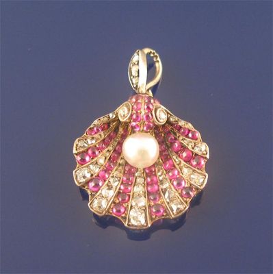 Appraisal: A late Victorian ruby diamond and pearl scallop shell pendant