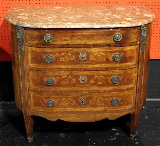 Appraisal: Louis XVI Style Marquetry Inlaid Marbletop CommodeGreat quality commode with