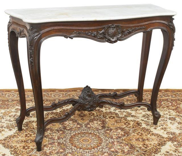 Appraisal: French Louis XV style marble-top mahogany console table th c