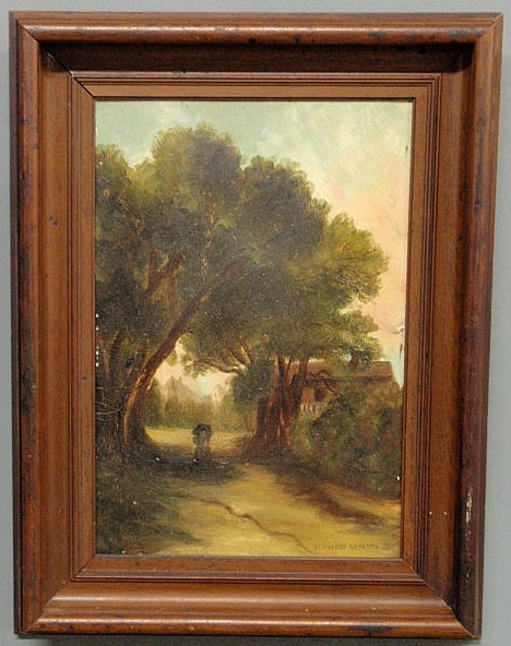 Appraisal: Oil on board landscape painting with a woman walking under