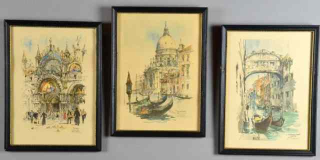 Appraisal: THREE VENITIAN FRAMED PRINTSTwo scenes depicting Venetian waterways with gondolas