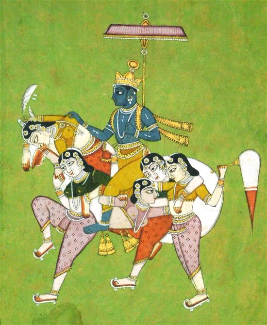 Appraisal: Indo-Persian illumination mixed media blue figure riding on mythical horse