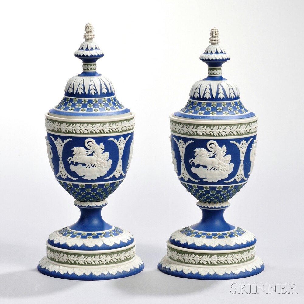 Appraisal: Two Wedgwood Tricolor Diceware Jasper Athena Vases and Covers England