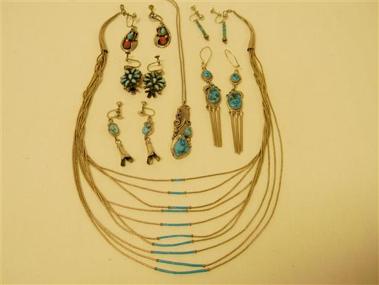 Appraisal: JEWELRY hand-wrought silver and turquoise Southwestern Jewelry including a beaded