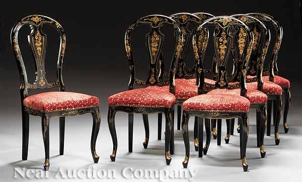 Appraisal: A Set of Eight Continental Polychrome and Black Lacquered Side