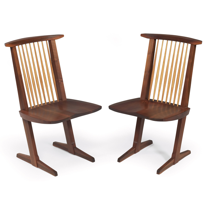 Appraisal: Mira Nakashima Conoid chairs pair walnut hand-carved hickory spindles original