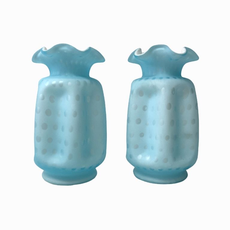 Appraisal: Pair of Light Blue Satin Glass Vases Ruffled rim dotted