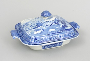 Appraisal: An English Blue White Transferware Tureen In a squared shape