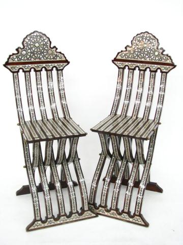 Appraisal: Pair of Egyptian Mother of Pearl Inlaid Chairs circa paint