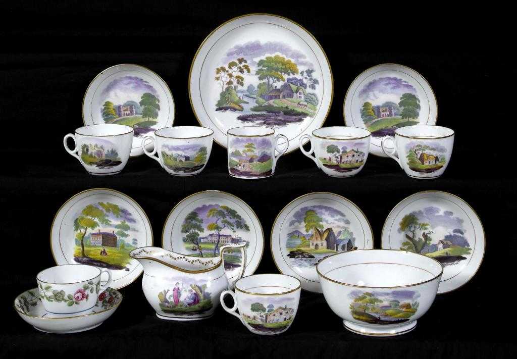 Appraisal: A NEW HALL TEA AND COFFEE SERVICE with enamelled violet