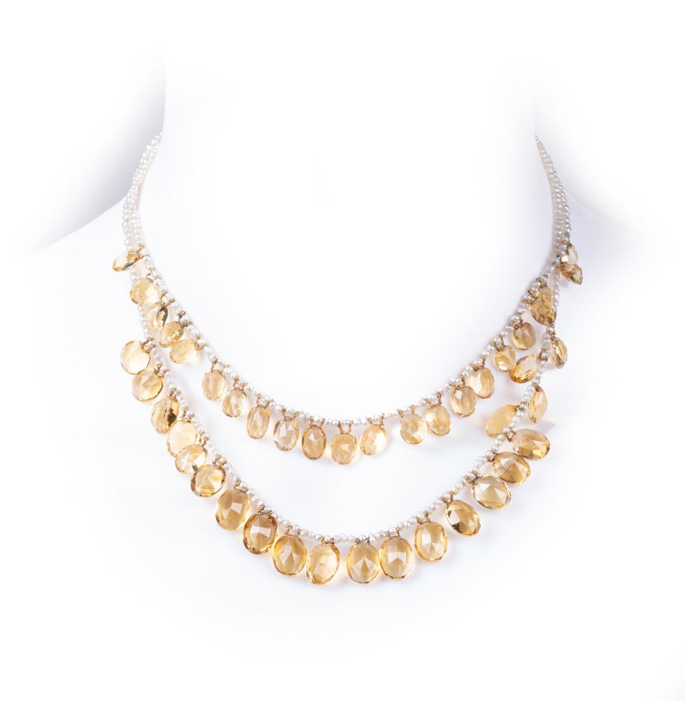 Appraisal: ANTIQUE KT YELLOW GOLD CITRINE AND SEED PEARL DOUBLE FRINGE