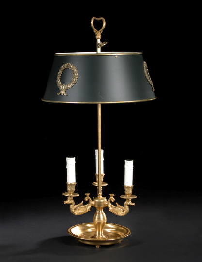 Appraisal: Large French Gilt-Brass and Tole-Peinte Three-Light Bouillotte Lamp in the