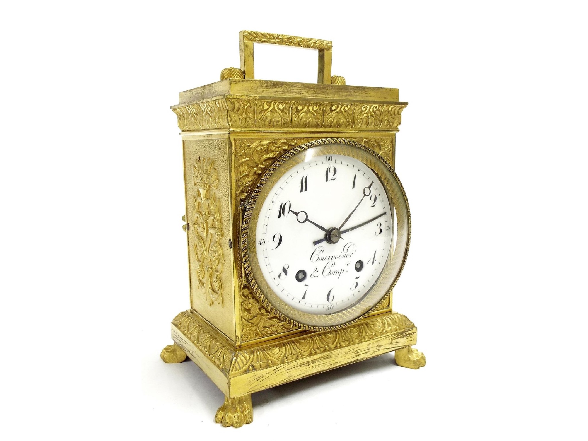 Appraisal: French ormolu two train pendule d'officier clock striking on two