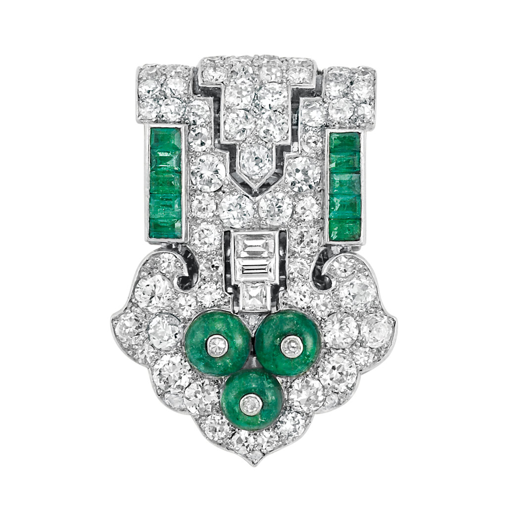 Appraisal: Art Deco Platinum Diamond and Emerald Clip Cartier Of stylized