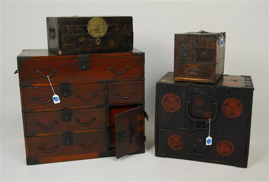 Appraisal: THREE ASIAN WOOD AND METAL MOUNTED STORAGE BOXES and ONE