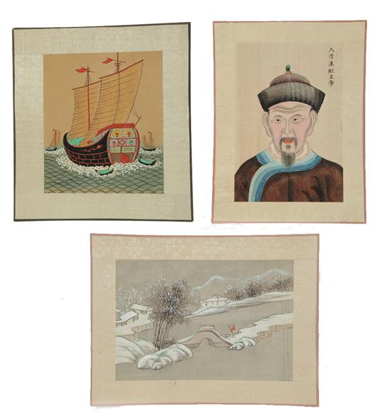 Appraisal: THREE PAINTINGS ASIA TH CENTURY Gouache and watercolor on silk