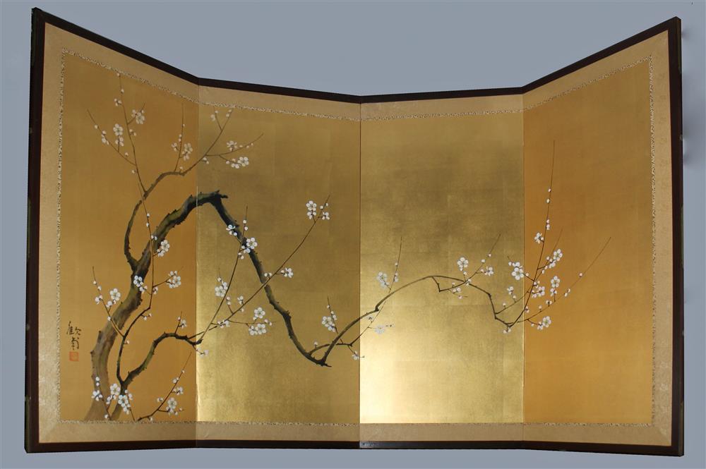 Appraisal: JAPANESE FOUR-PANEL SCREEN with a gold raw silk ground artistically