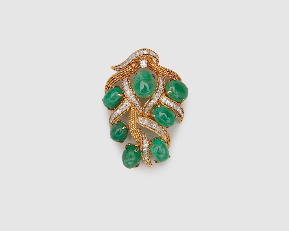 Appraisal: K Gold Emerald Sapphire and Diamond Brooch K Gold Emerald