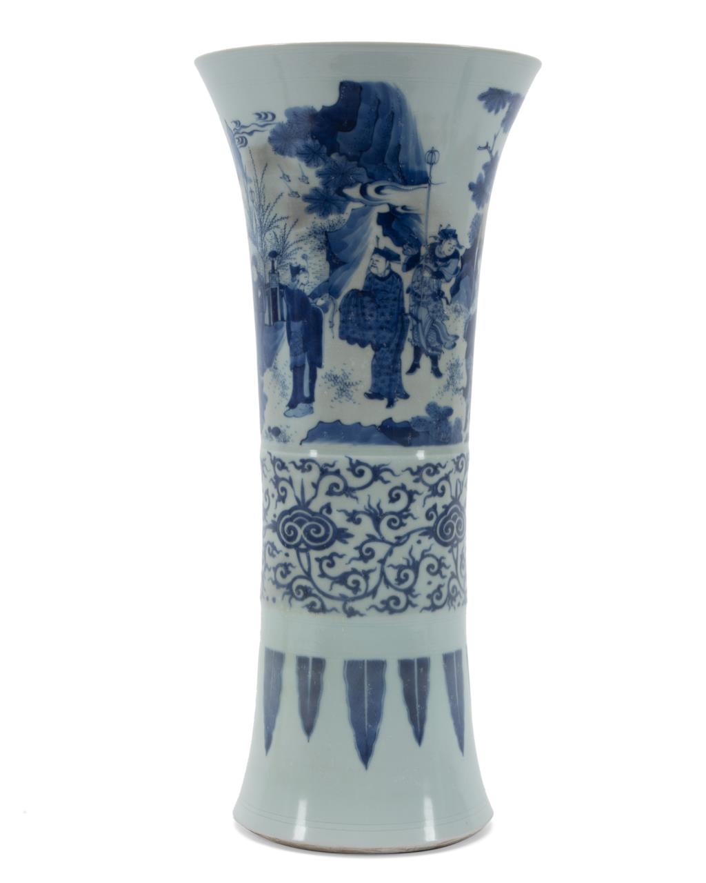 Appraisal: CHINESE BLUE AND WHITE FIGURAL BEAKER VASE Chinese blue and