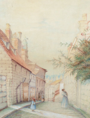 Appraisal: S Hume early th century- Figures in a village street