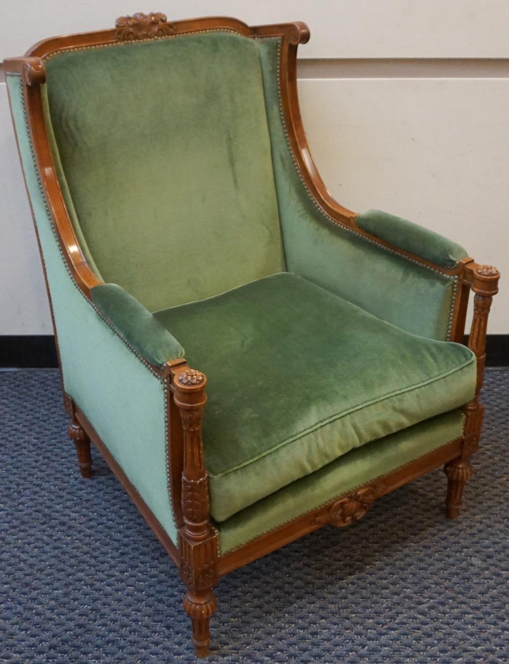 Appraisal: Louis XVI Style Carved Mahogany and Green Velvet Upholstered Bergere