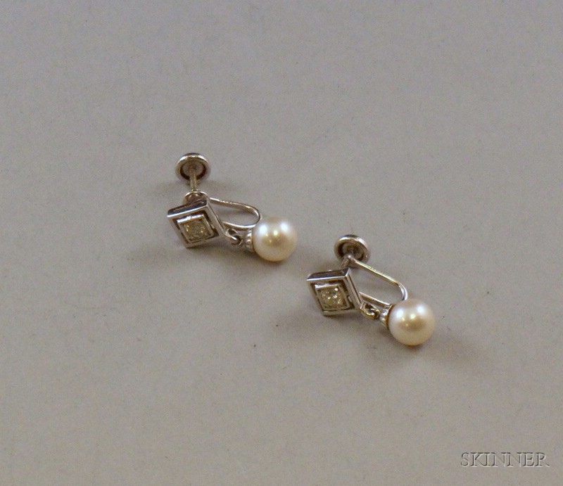 Appraisal: Pair of Art Deco Style kt White Gold Cultured Pearl