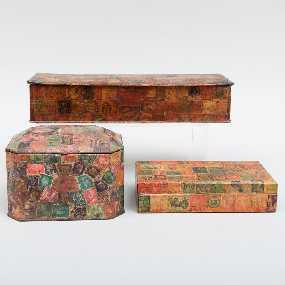 Appraisal: Three Stamp Collage Boxes The largest x x in Condition