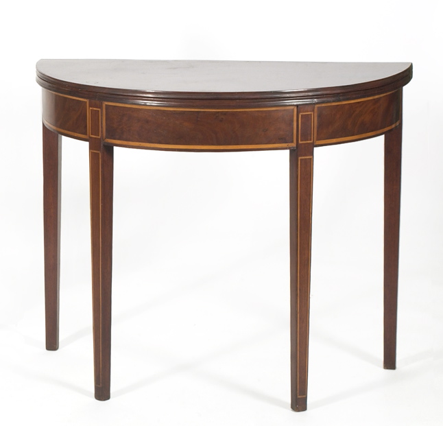 Appraisal: ANTIQUE HEPPLEWHITE DEMILUNE CARD TABLE Circa In mahogany with boxwood