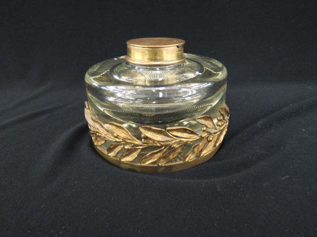 Appraisal: Antique Crystal Inkwell bronze laurel trim on a massive glass