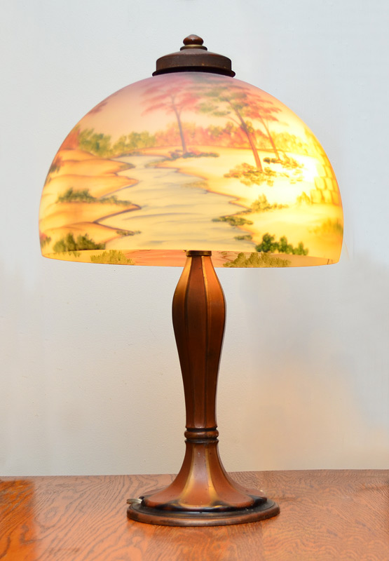 Appraisal: REVERSE PAINTED GLASS SHADE LAMP BASE SIGNED JEFFERSON Paint decorated