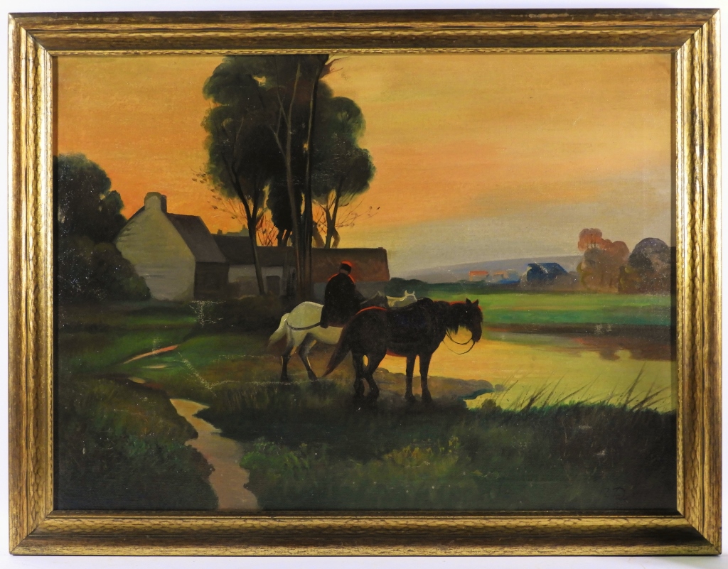 Appraisal: SIGNED O C SUNSET HORSE LANDSCAPE PAINTING United States th