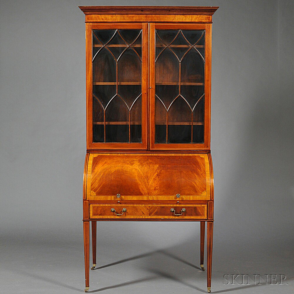 Appraisal: George III-style Mahogany-veneered Cylinder Bureau Bookcase late th century the