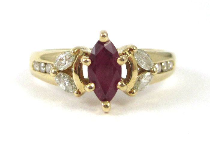 Appraisal: RUBY DIAMOND AND FOURTEEN KARAT GOLD RING set with four