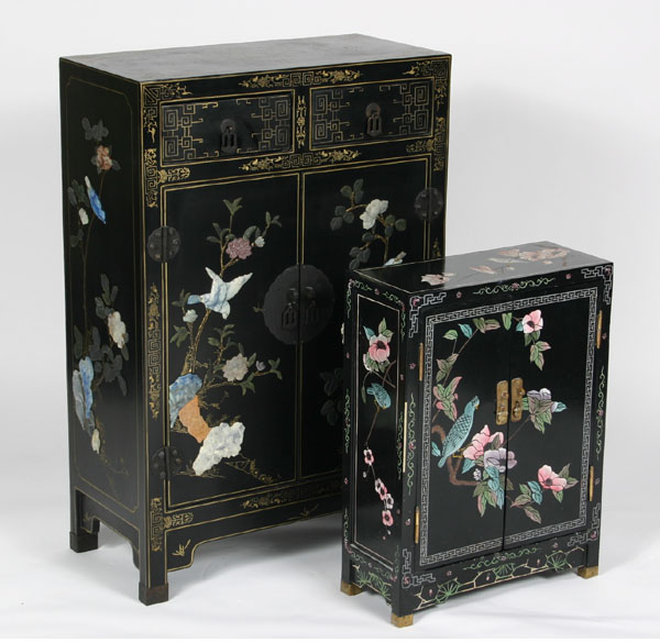 Appraisal: Lot of two Asian lacquered cabinets applied avian and floral