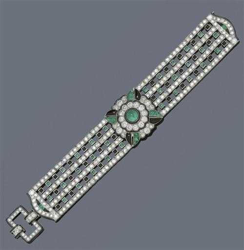 Appraisal: EMERALD DIAMOND ONYX AND ENAMEL BRACELET France ca Platinum Very