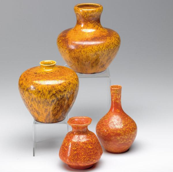 Appraisal: PILKINGTON ROYAL LANCASTRIAN Four vases in mottled yellow-orange glaze All