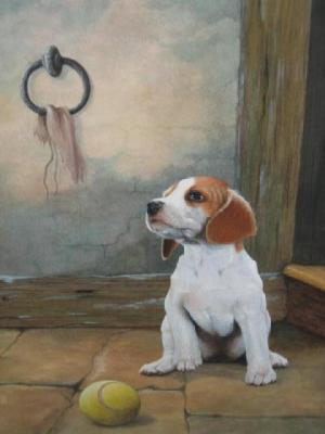 Appraisal: JOHN LEWIS FITZGERALD Beagle Puppy with Tennis Ball signed and