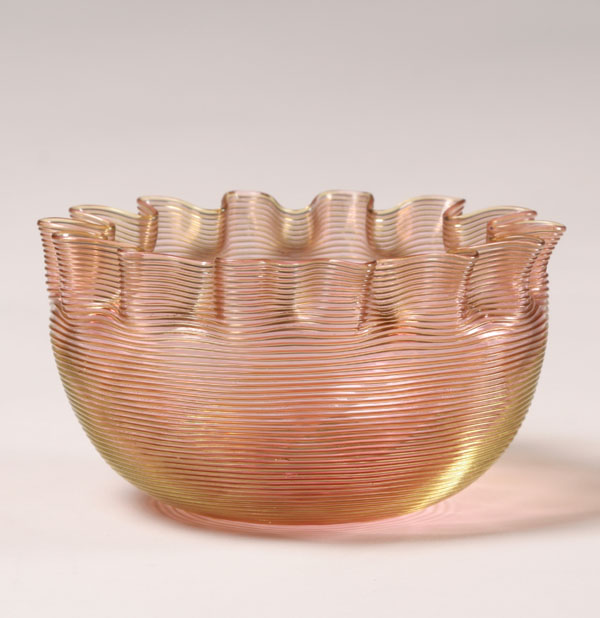 Appraisal: Pink art glass bowl with applied yellow threading possibly Stevens