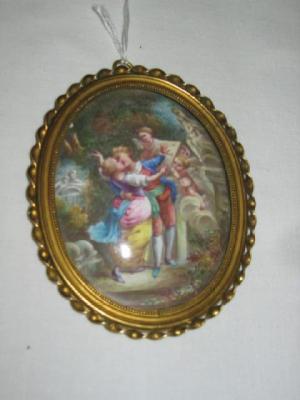 Appraisal: AN ENAMEL PLAQUE of oval form depicting lovers and winged