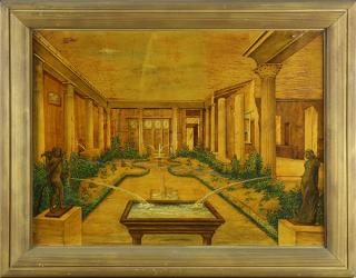 Appraisal: Continental framed marquetry decorated scenic panel Continental framed marquetry decorated