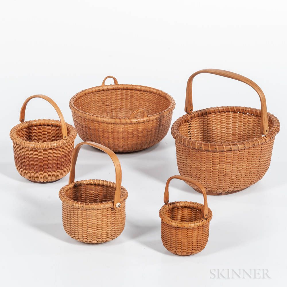 Appraisal: Five Modern Woven Nantucket Baskets Five Modern Woven Nantucket Baskets