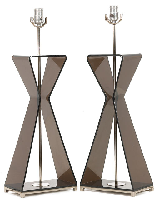 Appraisal: Laurel table lamps pair geometric smoked Lucite bases with chrome