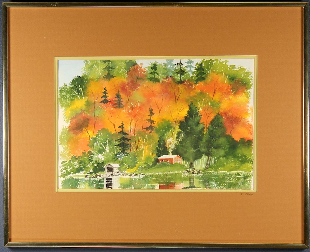 Appraisal: Vi Olson Watercolor of a Cottage on a Lake Vi