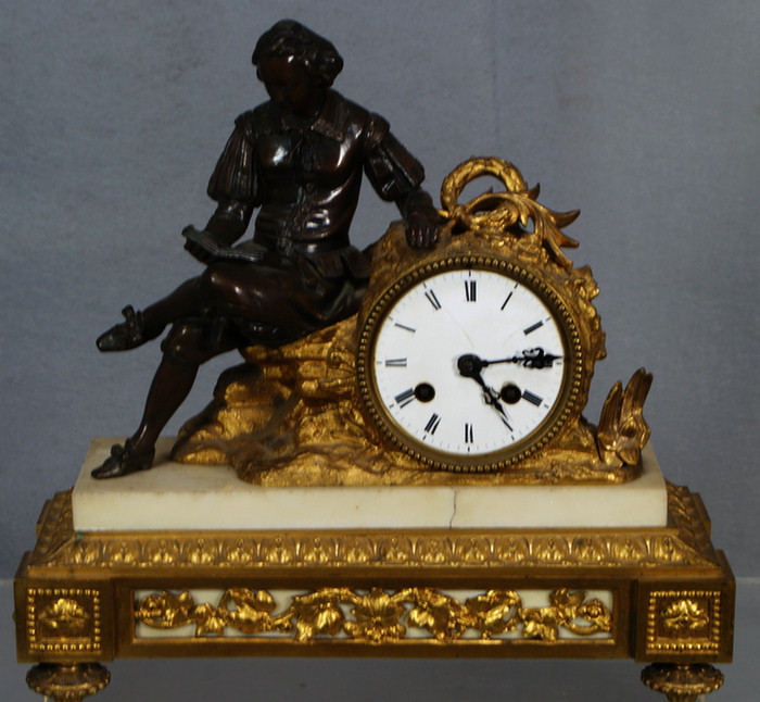 Appraisal: Patinated bronze French figural mantel clock marble with crack movement