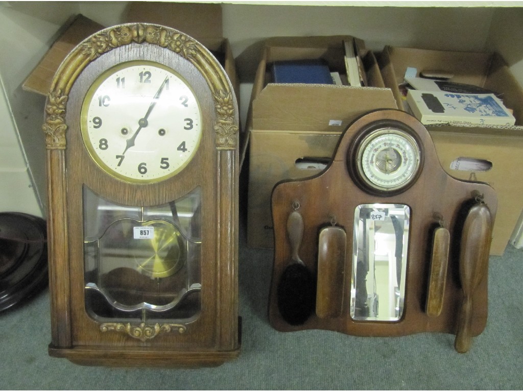 Appraisal: Oak wall clock and a mahogany barometer brush set