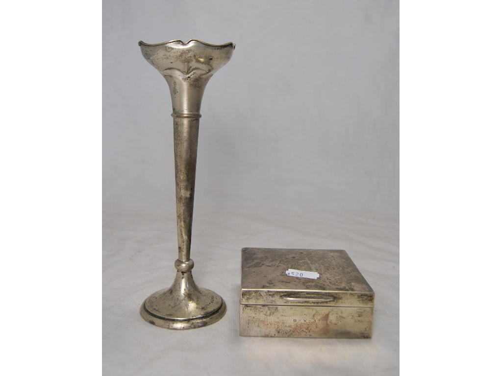 Appraisal: Plain square silver cigarette box to w single trumpet vase