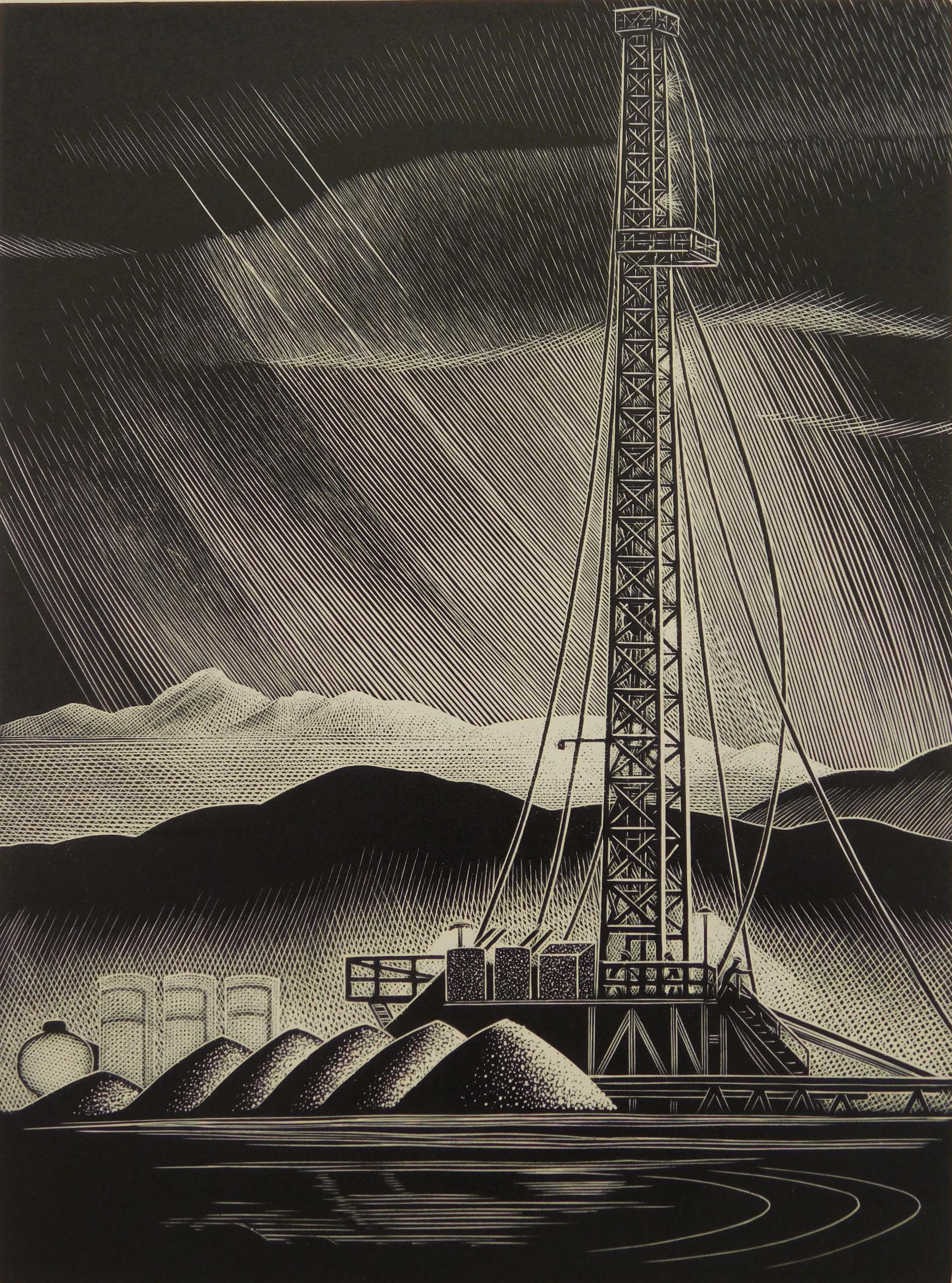 Appraisal: Paul Landacre - Rig at Willows''- wood engraving red ink