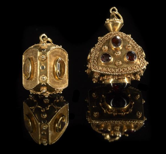 Appraisal: Two Eighteen-Karat Yellow Gold and Gemstone Pendants composed of a