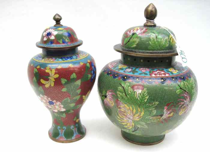 Appraisal: TWO CHINESE CLOISONNE GINGER JARS the larger with green ground